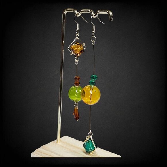 Original Blown Bubble Glass Dangle Earrings Women Fashion Goldtone Earth Tones - Picture 11 of 12